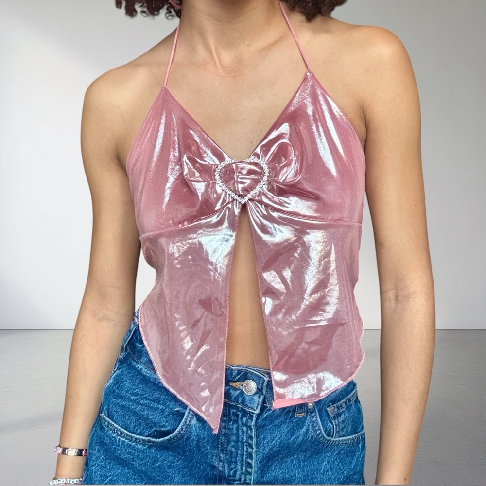 Verdusa Y2K Heart Rhinestone Metallic Pink Backless Halter Top